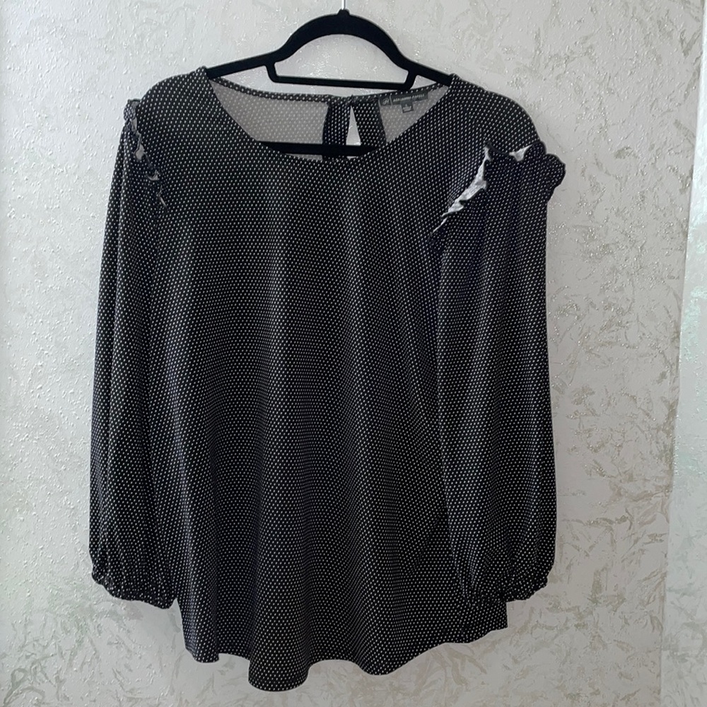 Adrianna Papell women's long sleeve black and white polka dot blouse